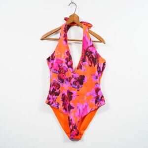 COS Reversible Plunge Swimsuit Size 12 Orange Floral Halter NWT